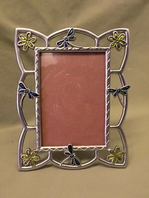 Marco de metal plateado 3645M 3,5 x 5 con esmalte libélulas azul verdoso y flores amarillas Foto 1 de 4