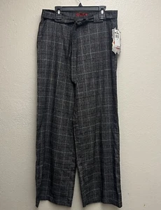 NWT Hot Kiss Trousers Juniors 7 Gray Red Plaid Waist Tie Hi Rise Straight - Picture 1 of 3