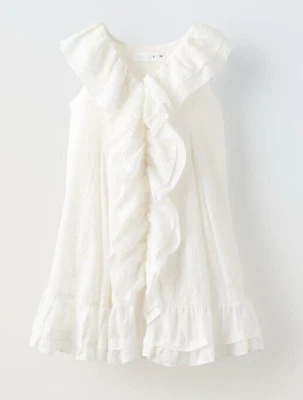 ZARA Girls Dress White Frilly Embroidered Ruffles Lined 100% Cotton Size 11-12 - Image 1 of 4