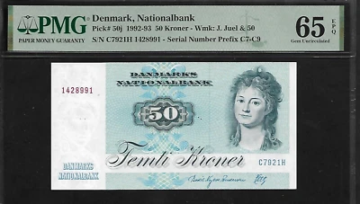 Denmark 50 Kroner 1992-93 PMG 65 EPQ UNC P#50j Nationalbank Wmk : J. Juel & 50 - Image 1 of 4