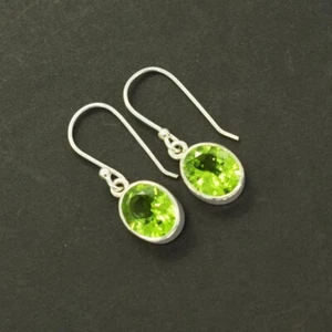 Green Peridot Oval Gemstone 925 Sterling Silver Hook Earrings Partywear Jewelry - Picture 1 of 6