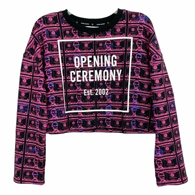 Opening Ceremony Money-Print Cropped Sweatshirt Size M Long Sleeve Black Pink - Image 1 of 4