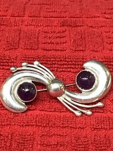 MEXICO Silver with Amethyst Stones- Vintage S Swirl Designed Brooch Pin - Picture 1 of 6