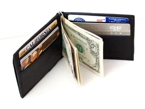 Black Genuine Leather Bifold Spring loaded Money Clip Mens Wallet Front Pocket - Picture 1 of 8