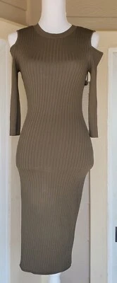 New York & Co Ribbed Sweater Dress Womens XS Olive Green Cold Shoulder - Image 1 of 4
