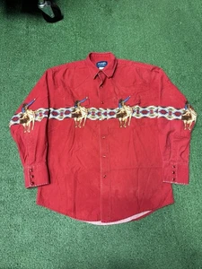 Vintage Wrangler Bull Rider Pearl Snap Button Long Sleeve Shirt Mens Large Red - Picture 1 of 16