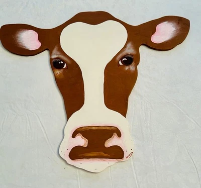 Jersey hecho a mano cara de vaca granja decoración de pared madera marrón y blanco primitivo Foto 1 de 4