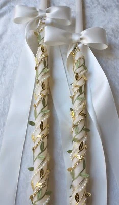 Greek Lambathes Orthodox Wedding 24" Candle Set in Ivory Pearls & Leaves - Image 1 of 3