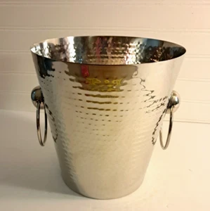 Viski Ice Bucket Hammered Stainless Steel 8.5x8.5 inch 2 Side Handles Silver - Picture 1 of 11