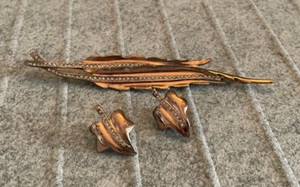Vintage Sterling Pin Brooch & Clip-on Earring Set Leaf w/ Rhinestones 30 Grams - Picture 1 of 7