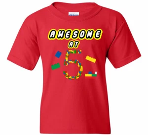Awesome at 5, 5th Birthday Boy Girl Shirt Building Block Construction T-Shirt - Picture 1 of 8