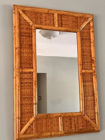 VTG Wall Mirror Boho Hollywood Regency Tortoise Bamboo Wicker Rattan Tiki Woven Cover