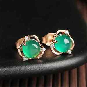 Antique Vintage 8mm Round Natural Green Jade Stud Earring 14k Yellow Gold Over
