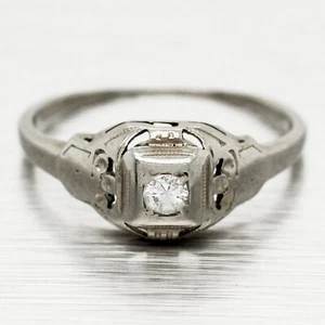 Antique Art Deco 0.10ct Solitaire Diamond Filigree Band Ring - 18k White Gold - Picture 1 of 6