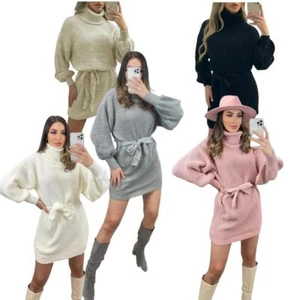 Damen Strickballon Langarm Polo Ausschnitt Gürtelpullover Kleid Pullover - Bild 1 von 11