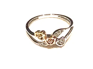 10k Tri Color Ring Hearts Diamond Sz 7 1/4 9 Natural Diamonds Valentine Gift - Picture 1 of 7