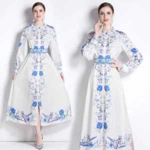 Spring Fall Floral Print Collar Belt Long Sleeve Women Casual Party Midi Dress - Picture 1 of 9