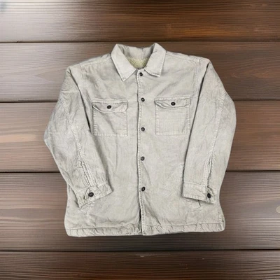 Jaqueta jeans vintage antiga marinha Sherpa caminhoneiro masculina veludo médio bege pintor - Imagem 1 de 4