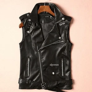 Men PU Leather Punk Slim Zipper Biker Motorcycle Vest Sleeveless Coat Waistcoat - Picture 1 of 25