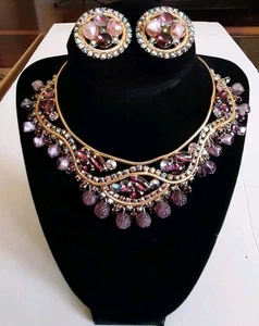 Vintage SIGNIERT HOBE Amethyst/Gold Halskette/Clip auf Ohrringe lila Glasperlen Set  - Bild 1 von 8