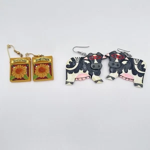 Pendientes colgantes vintage hechos a mano paquete de semillas de girasol vaca arcilla polimérica retro Ar - Imagen 1 de 8