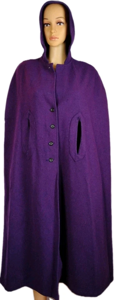 Vintage Cape 1960s 70s Purple 100% Wool Hooded Size M Violet H.I.S. FOR HER - Image 1 of 4