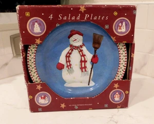 4 Stoneware SAKURA SNOWMAN SALAD PLATES DEBBIE MUMM Unused in box - Picture 1 of 4