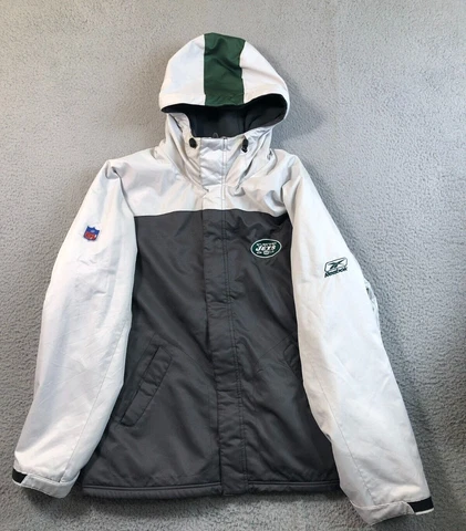 New York Jets Coat Mens XL Black White Full Zip Hooded Lined Jacket Reebok Cover