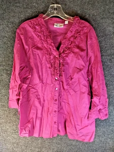 D&Co Top Women's Size XL Pink Ruffle V-Neck 3/4 Sleeve Button Up - Picture 1 of 8