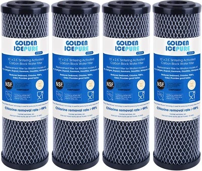 GOLDEN ICEPURE CTO Carbon Water Filter Cartridge 1 Micron 2.5" x 10" 4PACK