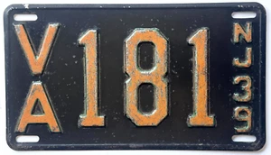 ORIGINAL VINTAGE 1939 NEW JERSEY LICENSE PLATE LOW # VA 181 BLACK AND GOLD METAL - Picture 1 of 3