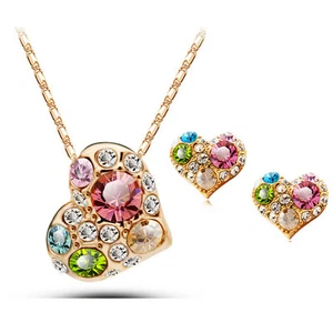 18K Rose Gold Plated Multi Color Necklace Earrings Pendant Fashion Jewelry Set - Picture 1 of 11