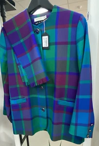 Avoca Jacket Blazer & scarf Womens Large Blue Check Plaid Wool excellent s. 14 - Picture 1 of 5