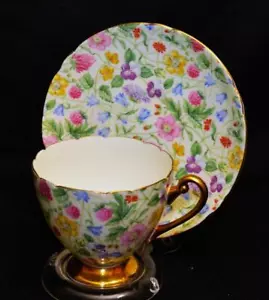 Shelley England gelb Chintz LANDSCHAFT Muster #13701 Set Fußtasse & Untertasse - Bild 1 von 4