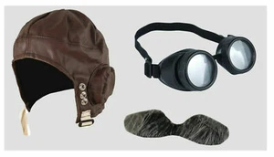 WW2 FLYING HELMET AND GOGGLES 1940'S PILOT HAT AVIATOR FANCY DRESS WARTIME - Picture 1 of 3