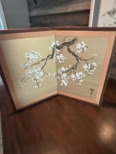 Vintage Japanese Byobu Silk Table Screen 2 panel Hand Painted SIGNED 18"x24"