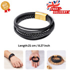 Mens Bracelet Leather Black Wristband Stainless Steel Clasp Jewellery Gift UK