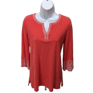 NWT Talbots Tunic Top Womens XS Embroidered V Neck 3/4 Sleeve Orange 7000 - Picture 1 of 7