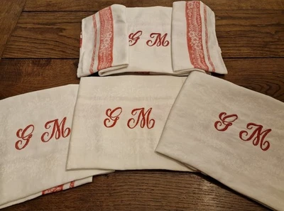 linge ancien : SIX SERVIETTES DE TABLE MONOGRAMME MG BRODE ROUGE - Photo 1/2