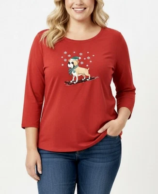 TÚNICA TEMA BULDOGUE NATAL VERMELHO MULHER DENTRO 1X 100% ALGODÃO MANGA LONGA INVERNO - Imagem 1 de 4