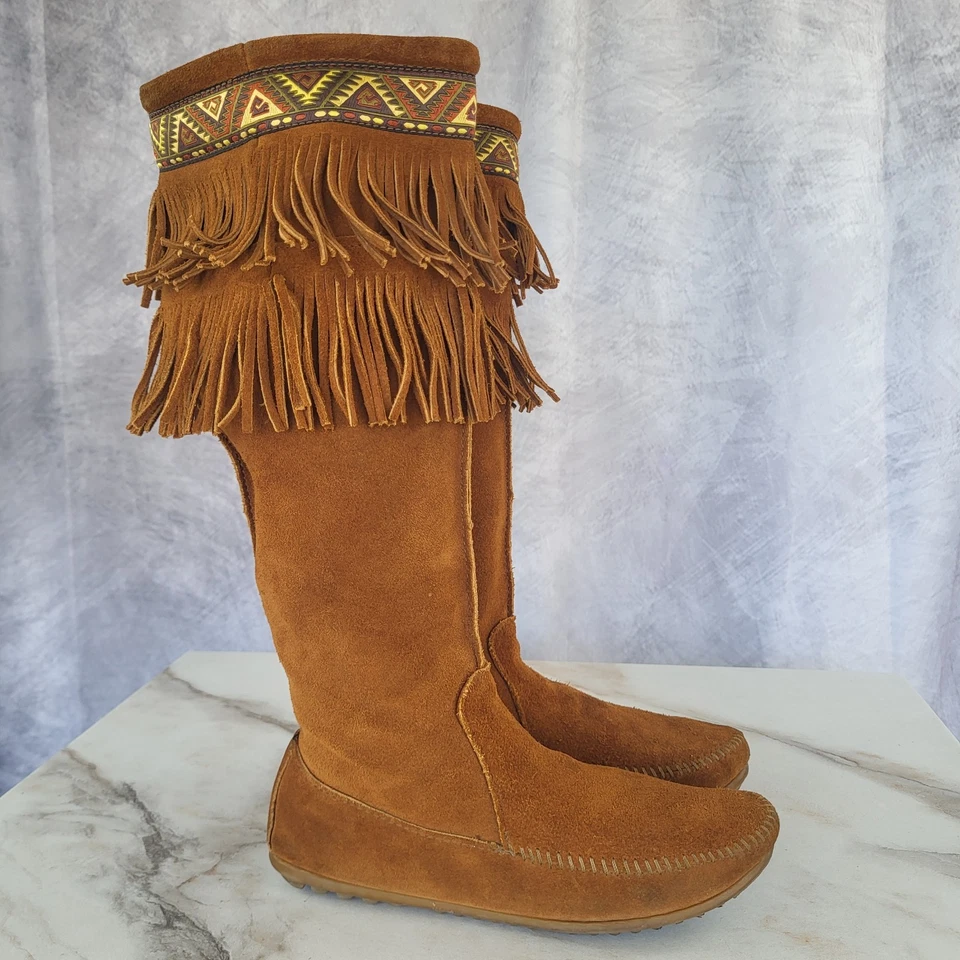 Minnetonka Knee High Suede Lace Up Fringe Aztec Moccasin Boots Women's 8 - Imagem 1 de 4