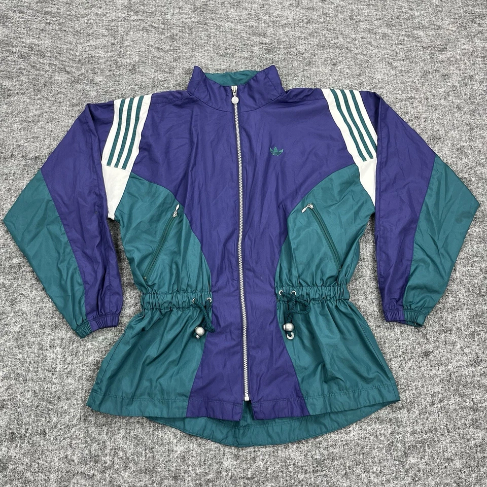 Chaqueta cortavientos vintage Adidas para mujer pequeña verde púrpura para correr Foto 1 de 4