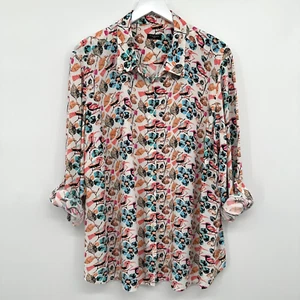 Talbots Tunic Top Shirt Size 1X 2X Button Up Birds Floral Artsy Garden Party - Picture 1 of 14