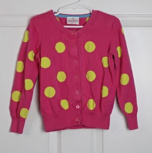Hanna Andersson Dark Pink Button Cardigan Yellow Polka Dots Lightweight Sz 110/5 - Picture 1 of 5