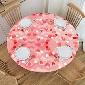 Heart Tablecloth with Elastic Edge Round Table Cloth Valentine's Day Washable... - Picture 1 of 9