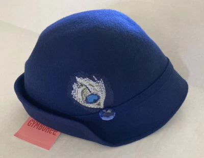 NWT Gymboree Peacock Petals Sz 5-7 Blue Wool Cloche Hat Gem Embroidered Feather - Image 1 of 2