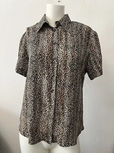 Vintage 80s allison taylor silk cheetah Print short sleeve Button Up Blouse S - Picture 1 of 9