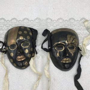Vtg Black And Gold Brass Face Masks Wall Decor 2pc - Picture 1 of 14