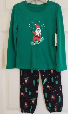 NEW Christmas Boy's Size-4 P.J.'s Green Top Santa On Skateboard - Image 1 of 4