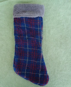 Soft Fleece Plush Christmas Stocking- Blue Plaid- Gray Top- Red Gray Stripes - Picture 1 of 2